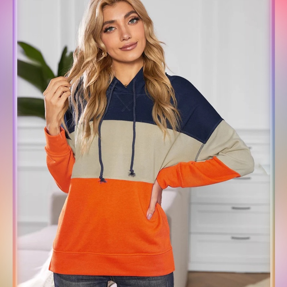 Saifeel Tri-Block Hooded Pullover Sweatshirt - Navy/Orange/Cream